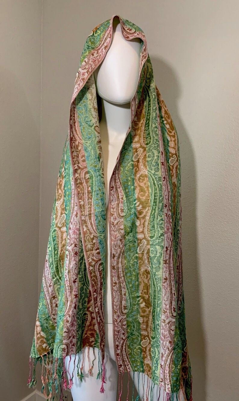 Paisley Fringe Scarf Shawl Light cover Green Pink Aqua Boho, head / neck wrap